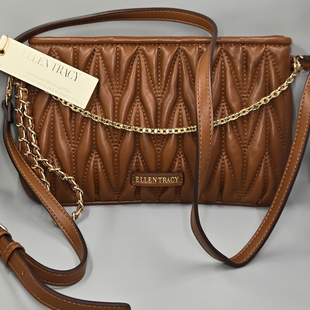 Ellen Tracy Brown Quilted Crossbody Bag with Gold Chain